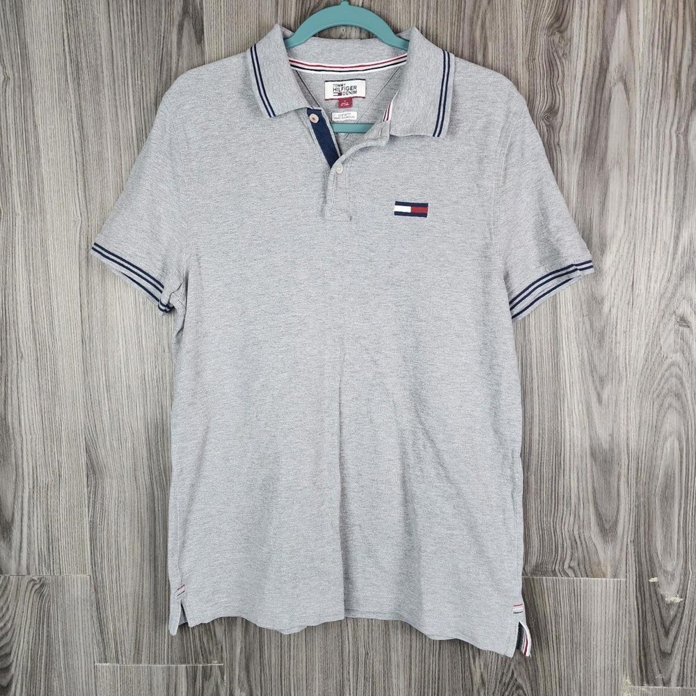 Tommy Hilfiger Denim Mens Custom‎ Fit Polo Shirt Gray Short Sleeve Flag Logo M